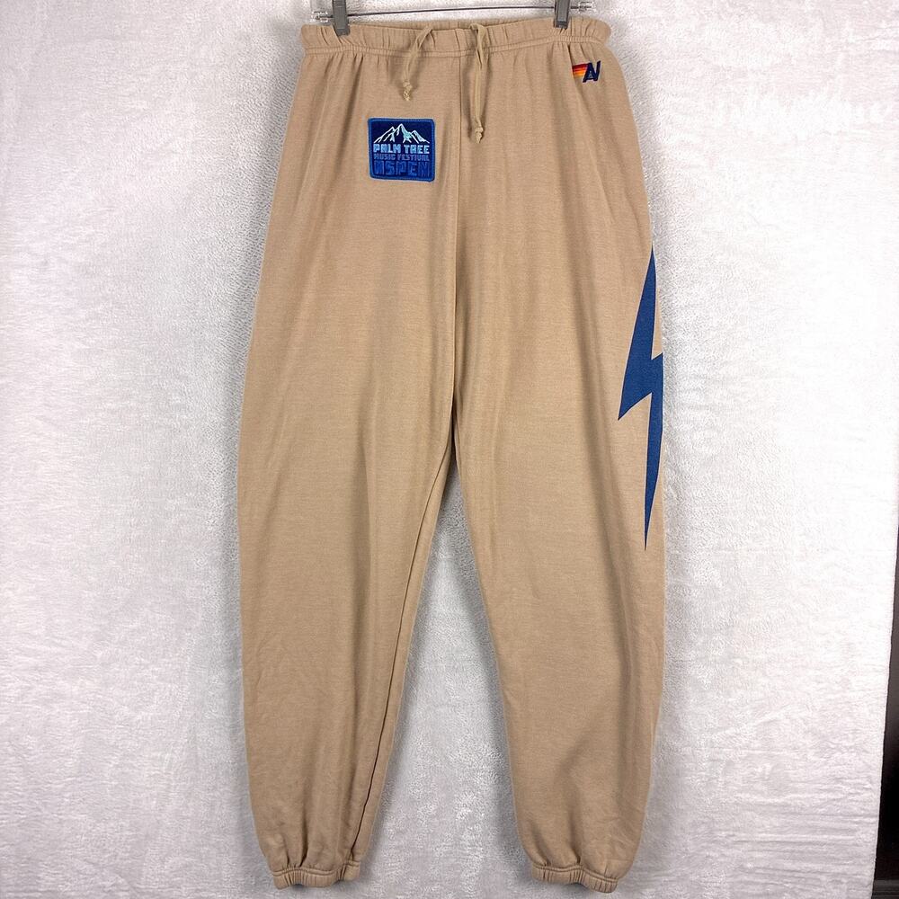 Aviator Nation Sweatpants Men L Beige Palm Tree Music Festival Aspen Lightning